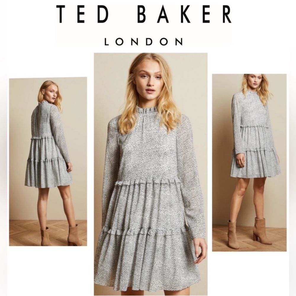 TED BAKER Phenia Spot Long Sleeve Tiered Ruffle Mini Dress - US Size Large